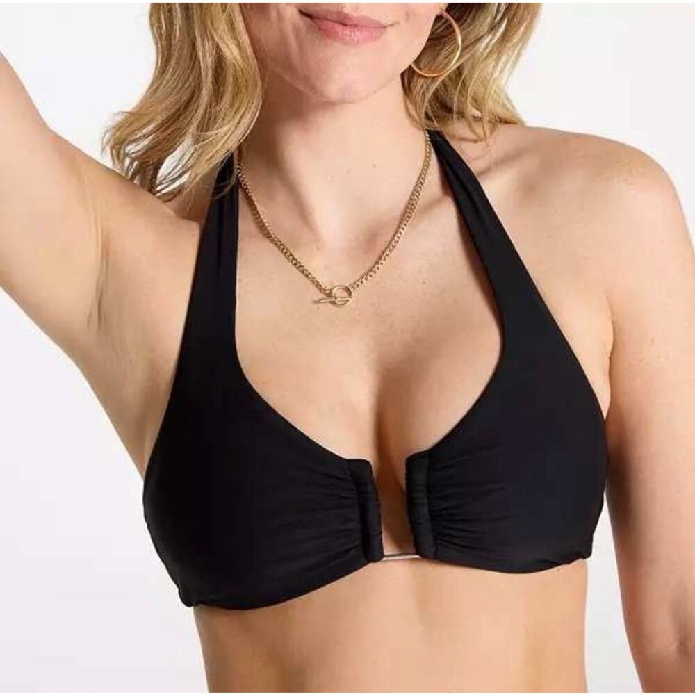 Calia U-Bar Halter Bikini Top Tie Top Built in Bra Back Hooks Black UPF Small